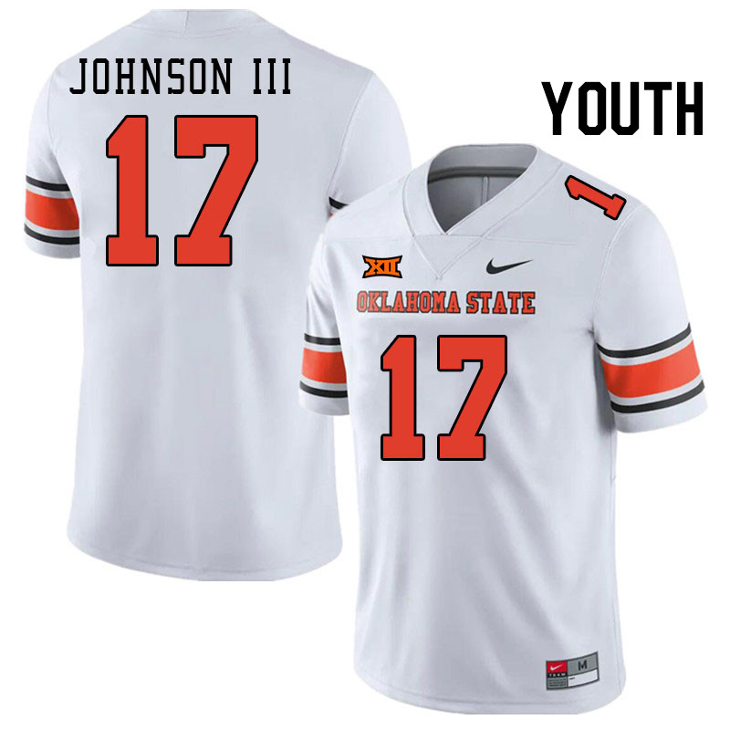 Youth #17 Leon Johnson III Oklahoma State Cowboys College Football Jerseys Stitched-White - Click Image to Close